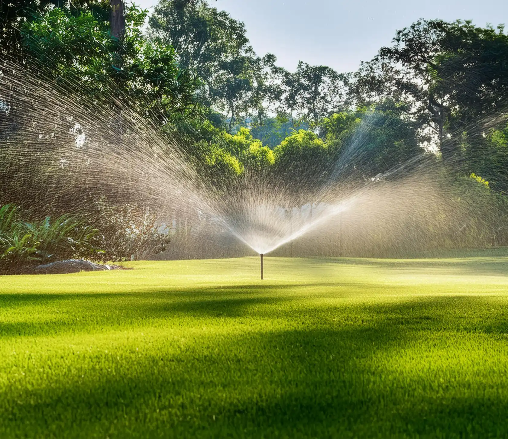 green grass and the sprinkler trowing water